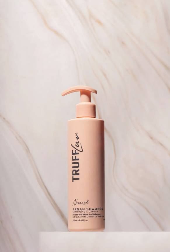 TruffLuv Argan Oil Shampoo pump bottle infused with black truffle extract for nourished hair