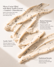 Cream-colored hair mask swatch with black speckles and text callouts explaining ingredients like Micro-Caviar, Black Truffle Extract, Linalool, Dimicone, Retinyl Palmitate (Vitamin A), Lactic Acid, and Hydrolyzed Keratin.