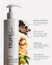 A bottle of TRUFFluv Indulge Truffle Shampoo on a white background, next to a graphic showing ingredients: black truffle, shea butter, keratin, and olive fruit oil, with descriptive text callouts.