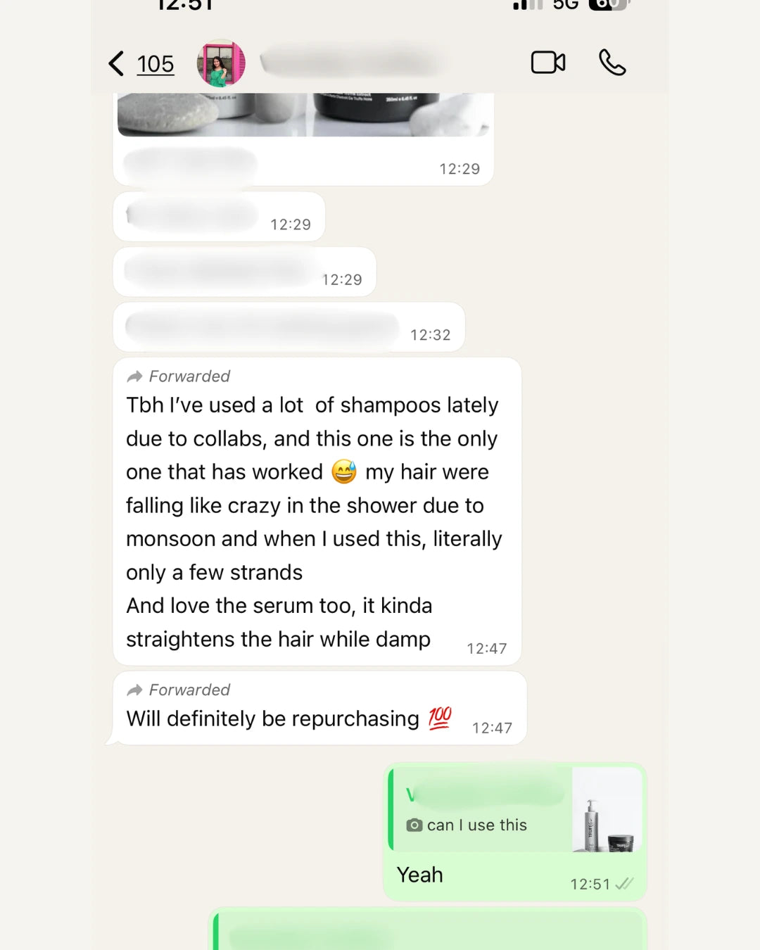 Customer testimonial - TruffLuv shampoo reduced hair fall and serum straightens hair, verified WhatsApp review