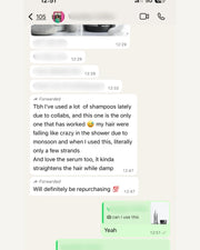 Customer testimonial - TruffLuv shampoo reduced hair fall and serum straightens hair, verified WhatsApp review