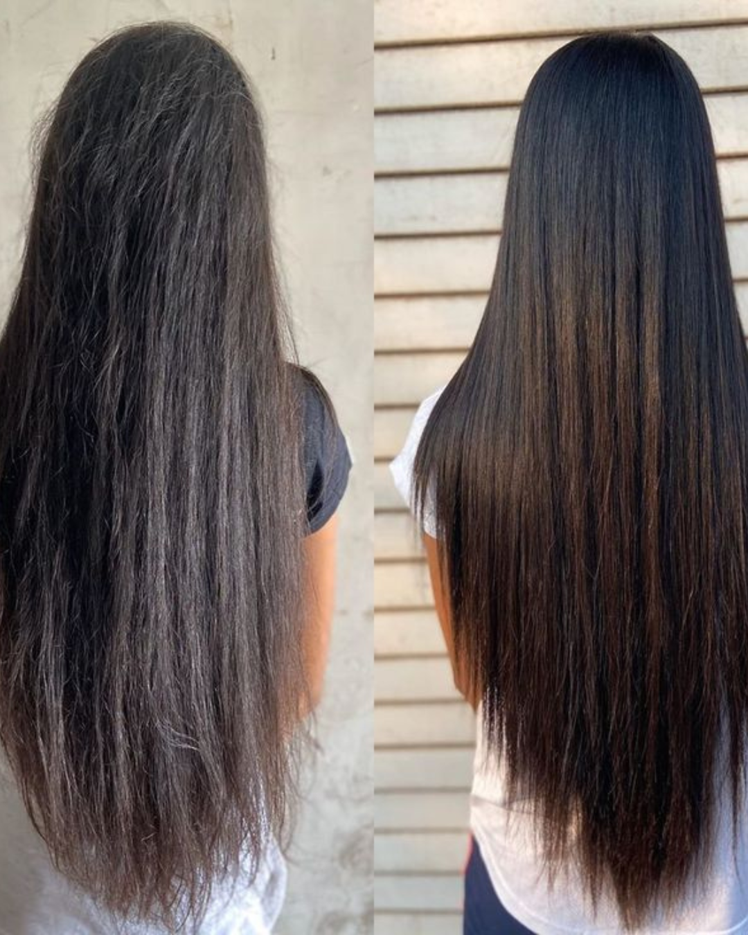 Before and after hair transformation with TruffLuv - dry damaged hair transformed to smooth glossy hair