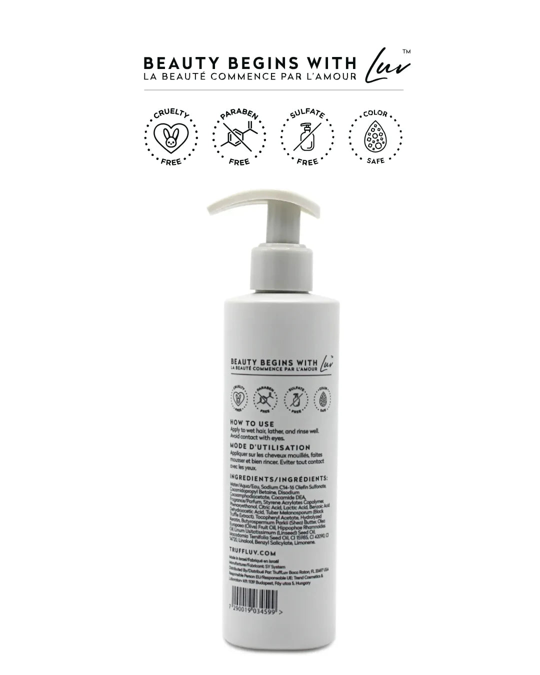 TruffLuv Truffle Shampoo back label - cruelty-free, paraben-free, sulfate-free, colour-safe formula with full ingredient list