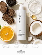TruffLuv Truffle Shampoo key ingredients - black truffle, biotin, coconut, glycerin and citrus for scalp nourishment and hair strength