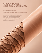 Promotional graphic for a hair care product with the headline 'ARGAN POWER HAIR TRANSFORMED' and descriptive text on a warm beige background, alongside a close-up of layered hair showing a smooth, treated section.